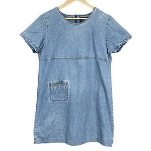 Vintage TY Original Wear Blue Denim Boxy Shift Dress Womens L Pocket Casual 90s
